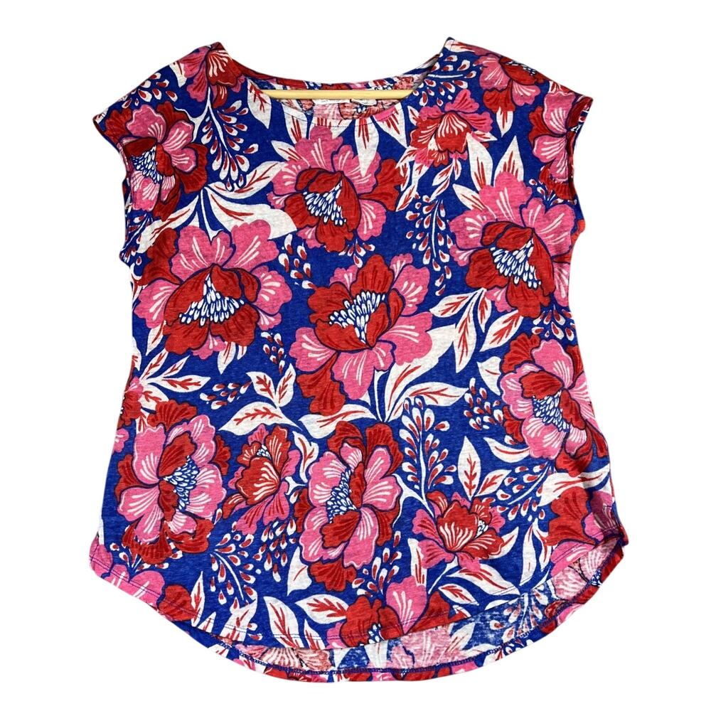 Sigrid Olsen Top Large Floral Linen Knit Lightweight Tee Tropical Pink Red Blue